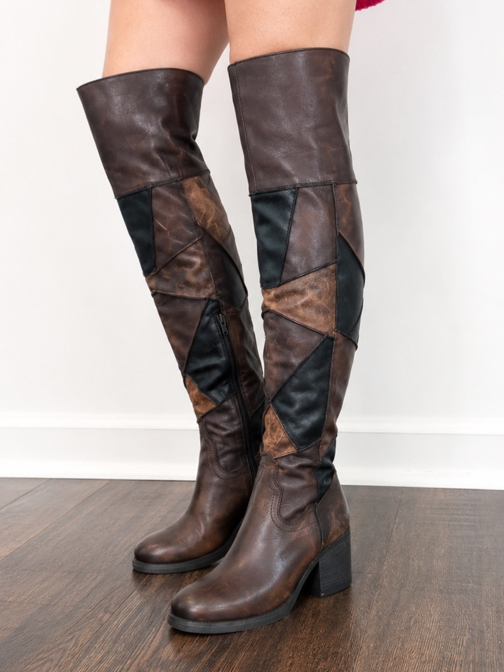 Brown Over the Knee Patchwork Genuine Leather Boots Size 7.5